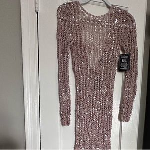 Long sleeves dress high slit hand woven crochet silhouette sequins in Rose Gold